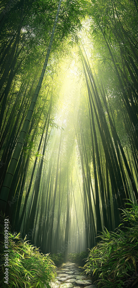 Aufkleber serene bamboo forest with tall green stalks and soft light filtering through leaves creates tranquil