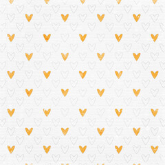 Seamless pattern with hand-drawn yellow and gray hearts on white watercolor paper texture, minimalist romantic background ideal for Valentine’s cards, wedding stationery, gift wrap and fabric.