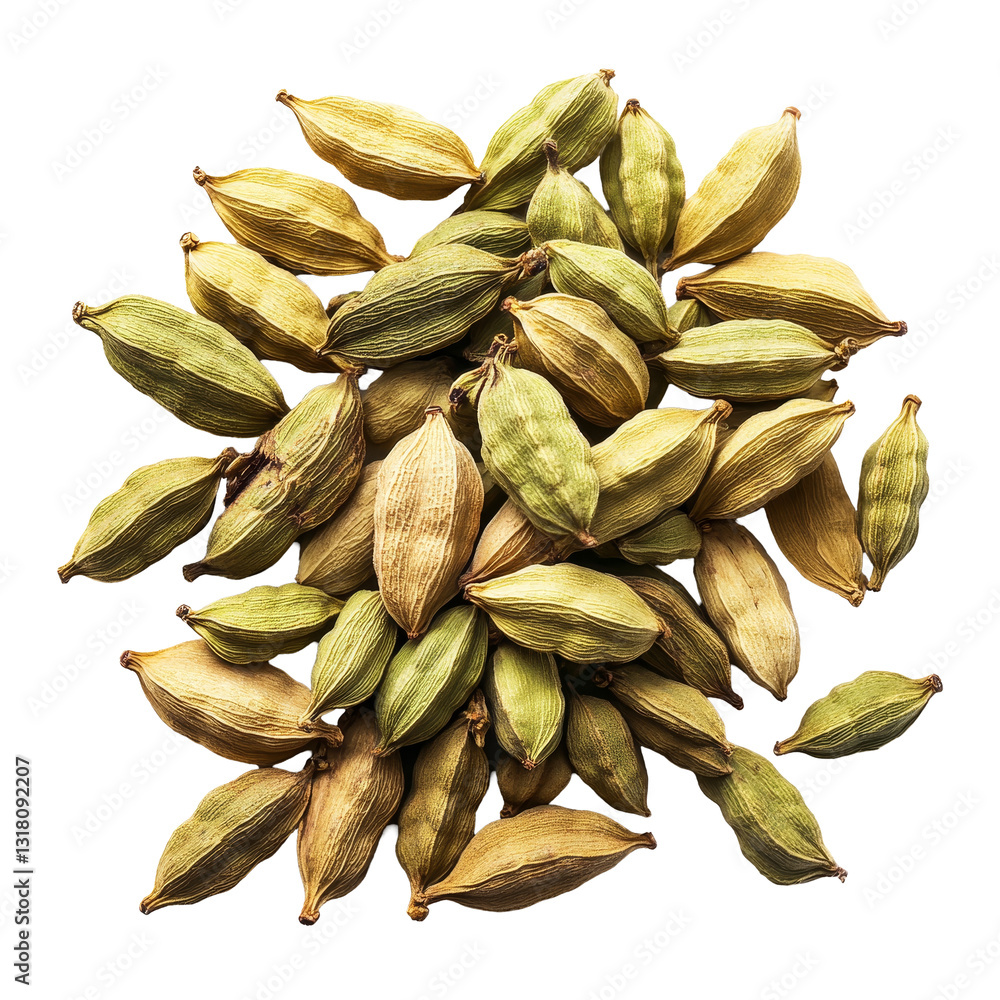 Poster cardamom pods piled on a transparent background showcasing their unique shapes and colors, cardamom 