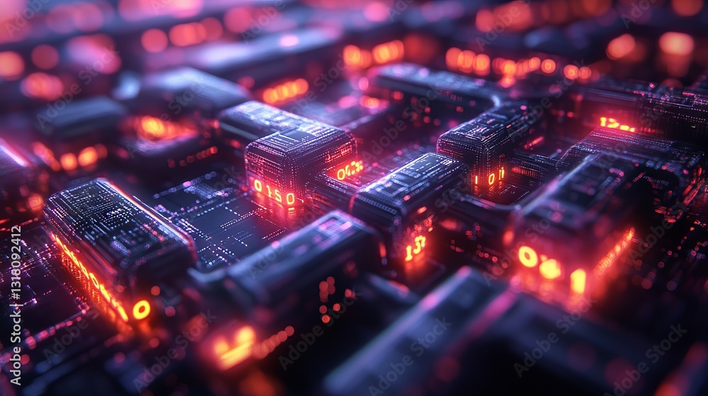 Poster blockchain concept banner: isometric digital blocks interconnected in a dynamic crypto chain on an a