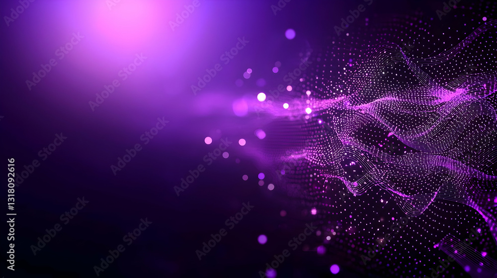 Poster luminous purple particles abstract background design with a flowing wave of digital art and glowing 