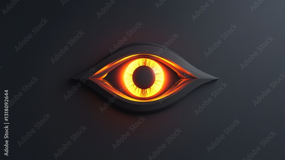 Poster eye symbol with fiery orange iris and dark surrounding, abstract art representation of vision and pe