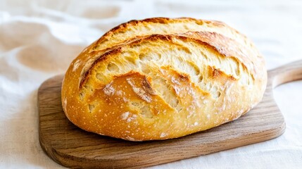 Fototapeta premium Golden Sourdough Bread Loaf on Rustic Wooden Board