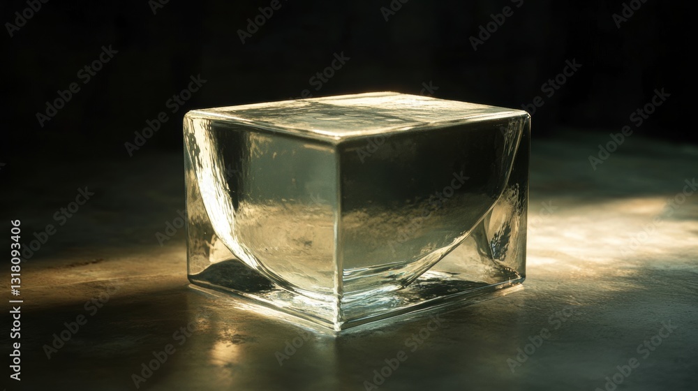 Poster crystal clear glass block illuminated by soft natural light on a dim background highlighting unique 