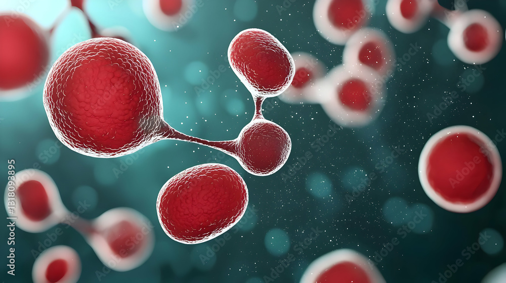 Poster 3d render of red bacteria cells connected and floating against a blurred teal background in microsco