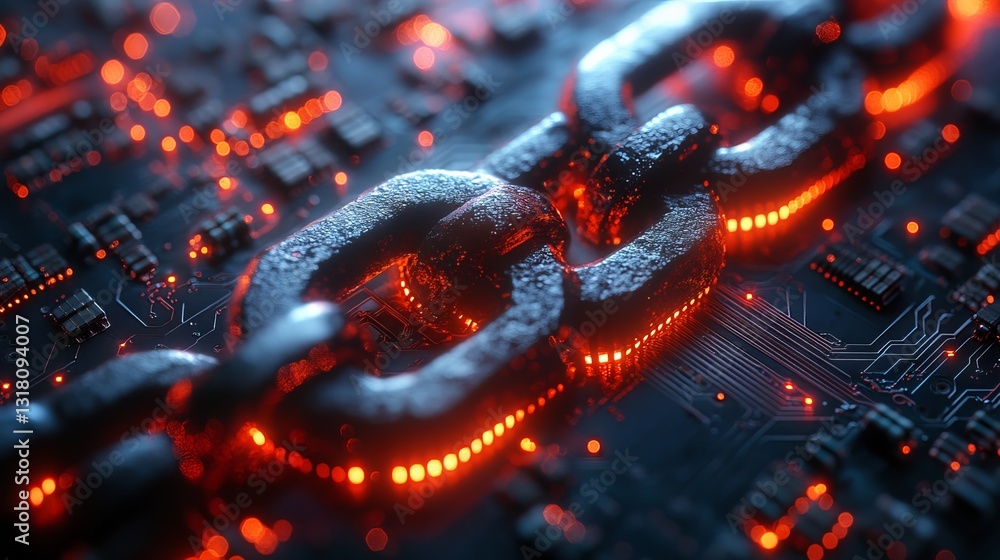 Poster innovative blockchain technology concept featuring a circuit board chain with integrated cpu on a st