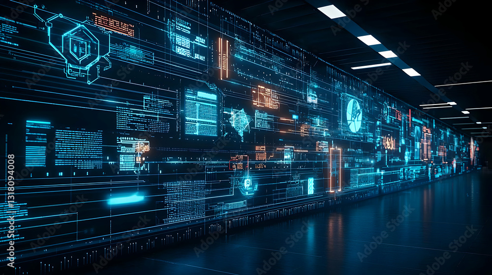Poster illuminated digital wall displaying futuristic blue and orange data visualizations in dark hallway r