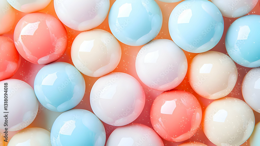Poster overhead view of pastel colored spheres in a textured arrangement with subtle lighting and geometric