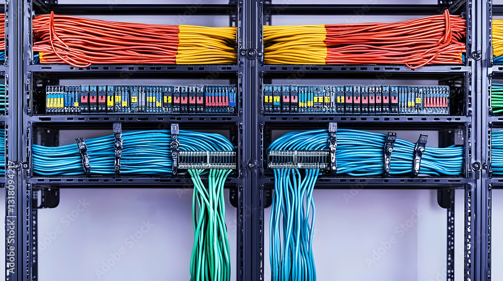 Poster organized network cables arranged in rack system with multicolored wires and server room environment