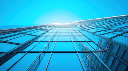 Modern skyscraper, city view, glass facade, blue sky, business success