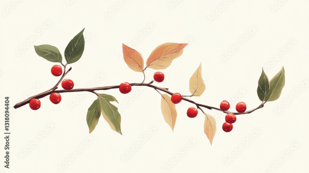 Poster artistic representation of a branch with red berries and green leaves on a soft cream background for