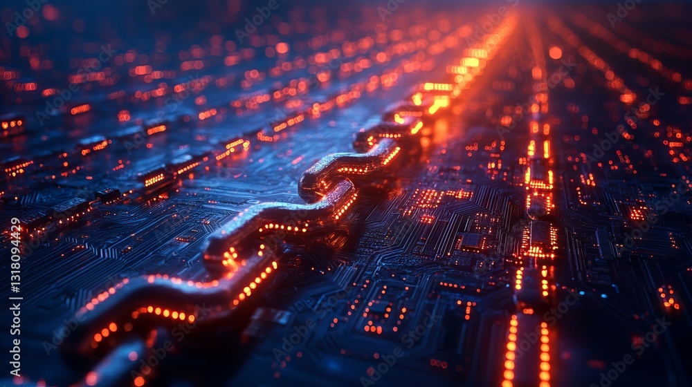 Poster innovative blockchain technology concept featuring a circuit board chain with integrated cpu on a st
