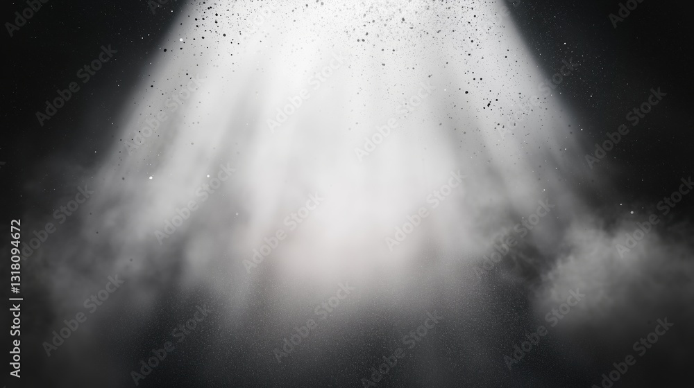 Aufkleber Abstract black background with white spray paint and floating dust particles illuminated by a soft glow from behind, creating a mysterious and atmospheric texture with light and shadow contrast.