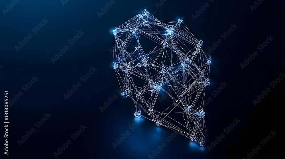 Poster abstract blue glowing geometric shape representing network data connections on dark background