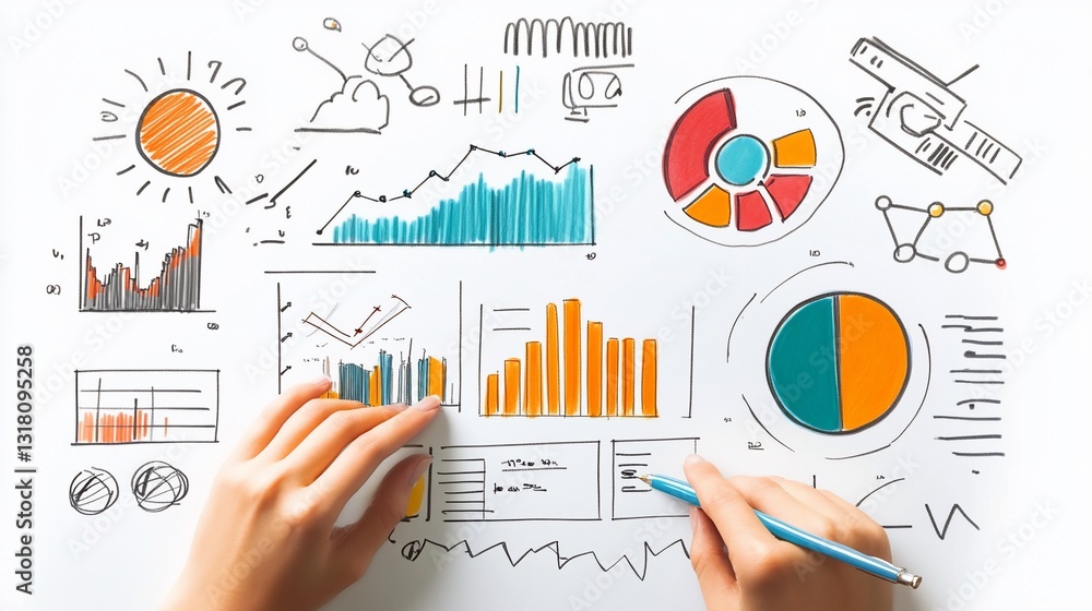 Aufkleber analyzing financial data: hand pointing at charts and graphs on whiteboard