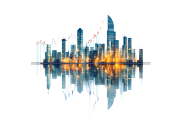Futuristic city skyline with digital financial trends isolated on transparent background