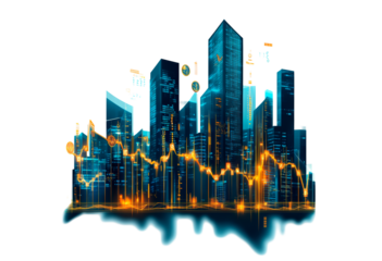 Urban skyline with digital stock market trends isolated on transparent background