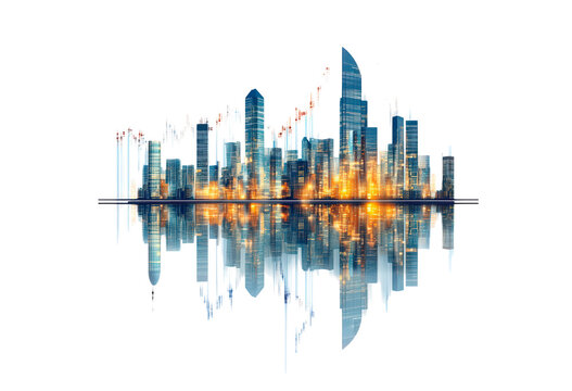 Futuristic city skyline with digital financial trends isolated on transparent background