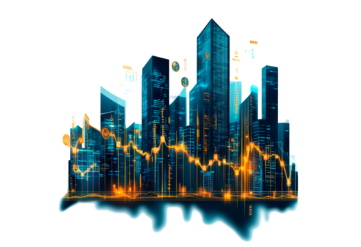 Urban skyline with digital stock market trends isolated on transparent background