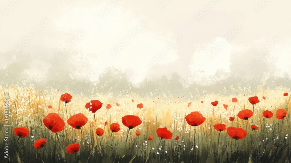 Poster Vibrant Red Poppies in a Field with Soft Cloudy Background and Gentle Grass Underneath Creating a Serene Natural Landscape