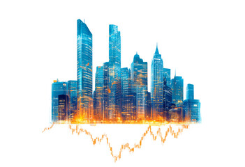 Urban skyline with digital stock market trends isolated on transparent background