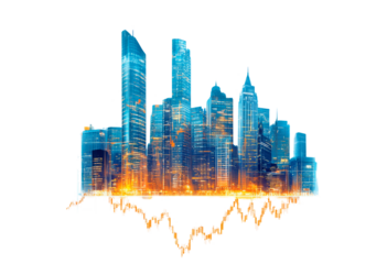 Urban skyline with digital stock market trends isolated on transparent background