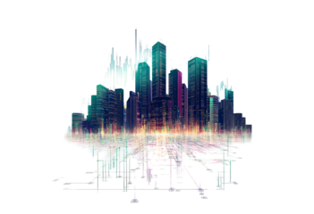 Futuristic city skyline with digital financial trends isolated on transparent background