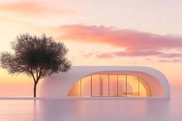 Obraz premium Serene Sunset Architecture: Modern House by the Water