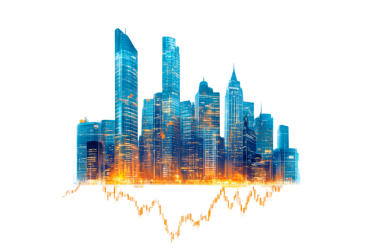 Urban skyline with digital stock market trends isolated on transparent background