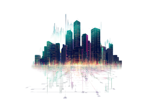 Futuristic city skyline with digital financial trends isolated on transparent background