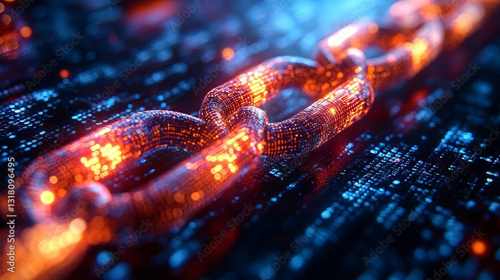 Poster innovative blockchain technology concept: pc circuit board chain with integrated cpu on a bold blue 
