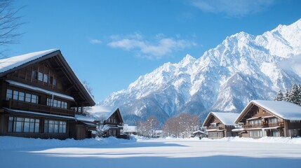 Fototapeta premium Snowy mountain chalet village winter vacation