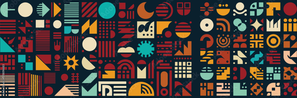 Aufkleber geometric abstract pattern with colorful shapes and symbols on dark background