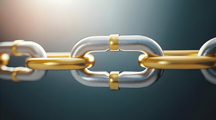 Obraz premium Close Up of Interconnected Gold and Silver Metallic Chain Links on a Soft Blurred Background