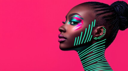 Portrait of a person with bold, artistic makeup design featuring neon green and pink geometric patterns on a vibrant pink background