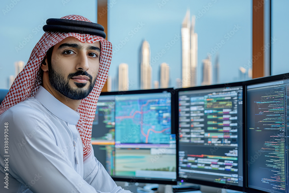 Poster focused man in traditional attire works at multiple computer screens, showcasing modern office view