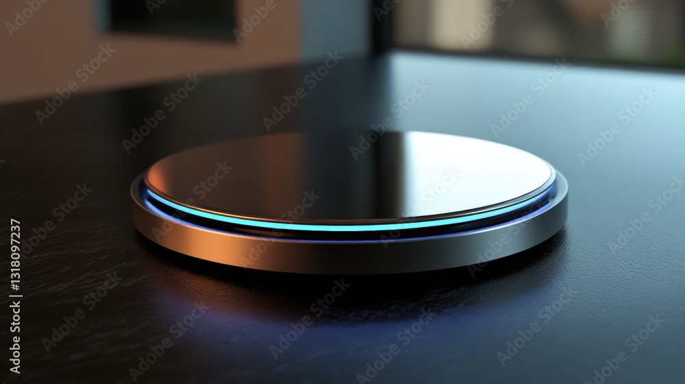 Poster sleek modern charging station displayed on a dark surface with subtle glow and natural light from a 