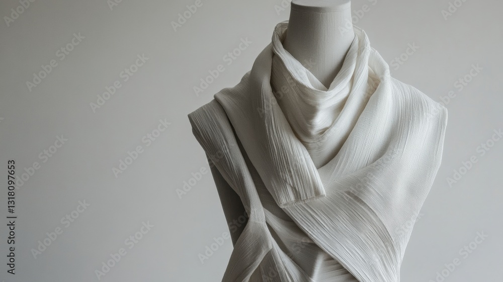 Poster elegant white scarf draped on a mannequin showcasing soft textures and fluid design in a minimalisti