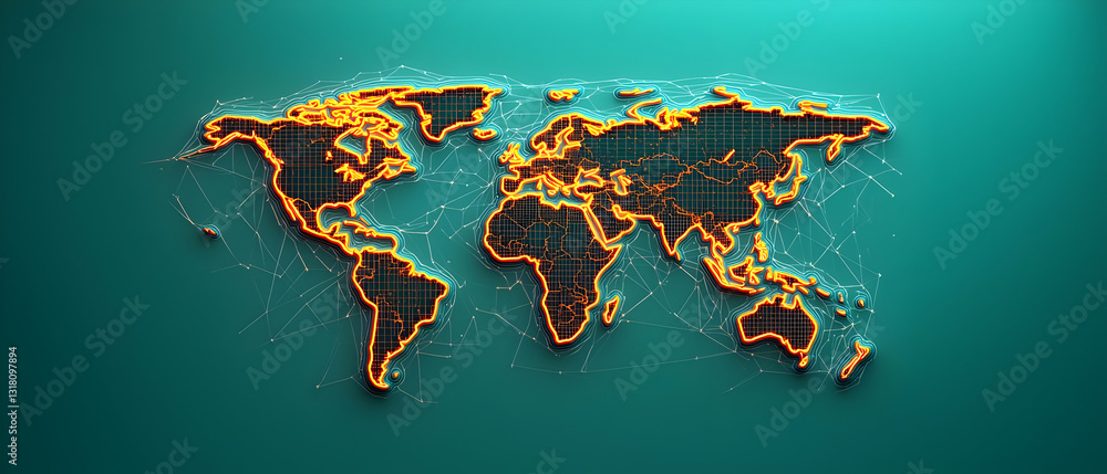 Poster abstract 3d rendered golden world map on teal green background with glowing plexus effect global con