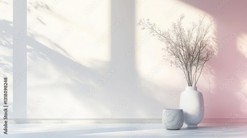 Poster sunlit modern interior scene with minimal vases and window shadows