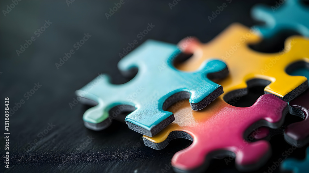 Aufkleber colorful interlocking puzzle pieces on a dark textured surface close up macro photography emphasizin