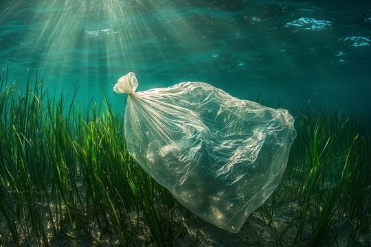 Plastic Bag Entangled in Seagrass Underwater with Sunlight Streaming Through Calm Ocean Waters