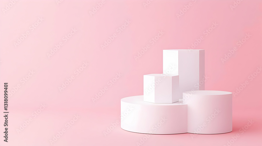 Poster three white minimalist podiums on a pastel pink background with empty space ideal for product placem