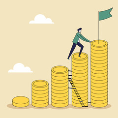 Illustrative business person climbing coin stacks towards a goal attainment