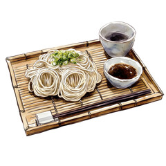 A minimalistic watercolor depiction of cold soba noodles on a bamboo tray, with dipping sauce on the side