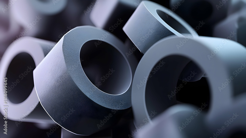 Poster 3d render of textured metallic rings in dark blue and gray with a soft gradient light