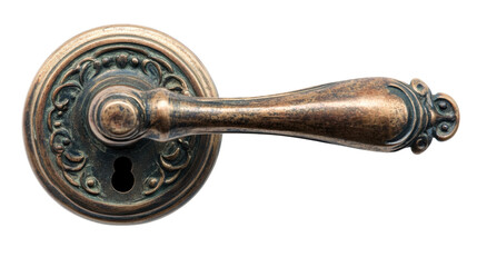 A close-up of an antique bronze door handle with a classic keyhole, isolated on transparent background, capturing the elegance and history of traditional design