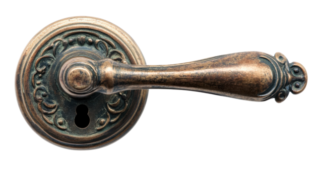 A close-up of an antique bronze door handle with a classic keyhole, isolated on transparent background, capturing the elegance and history of traditional design