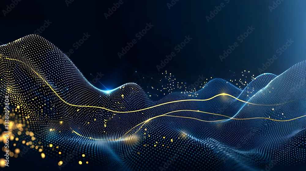 Aufkleber dynamic blue and gold digital landscape with abstract particle waves in dark background