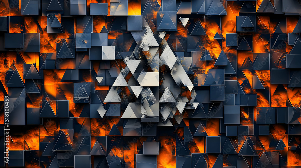 Poster abstract 3d render of triangles and squares with a mix of orange fire and white ice colors and pixel
